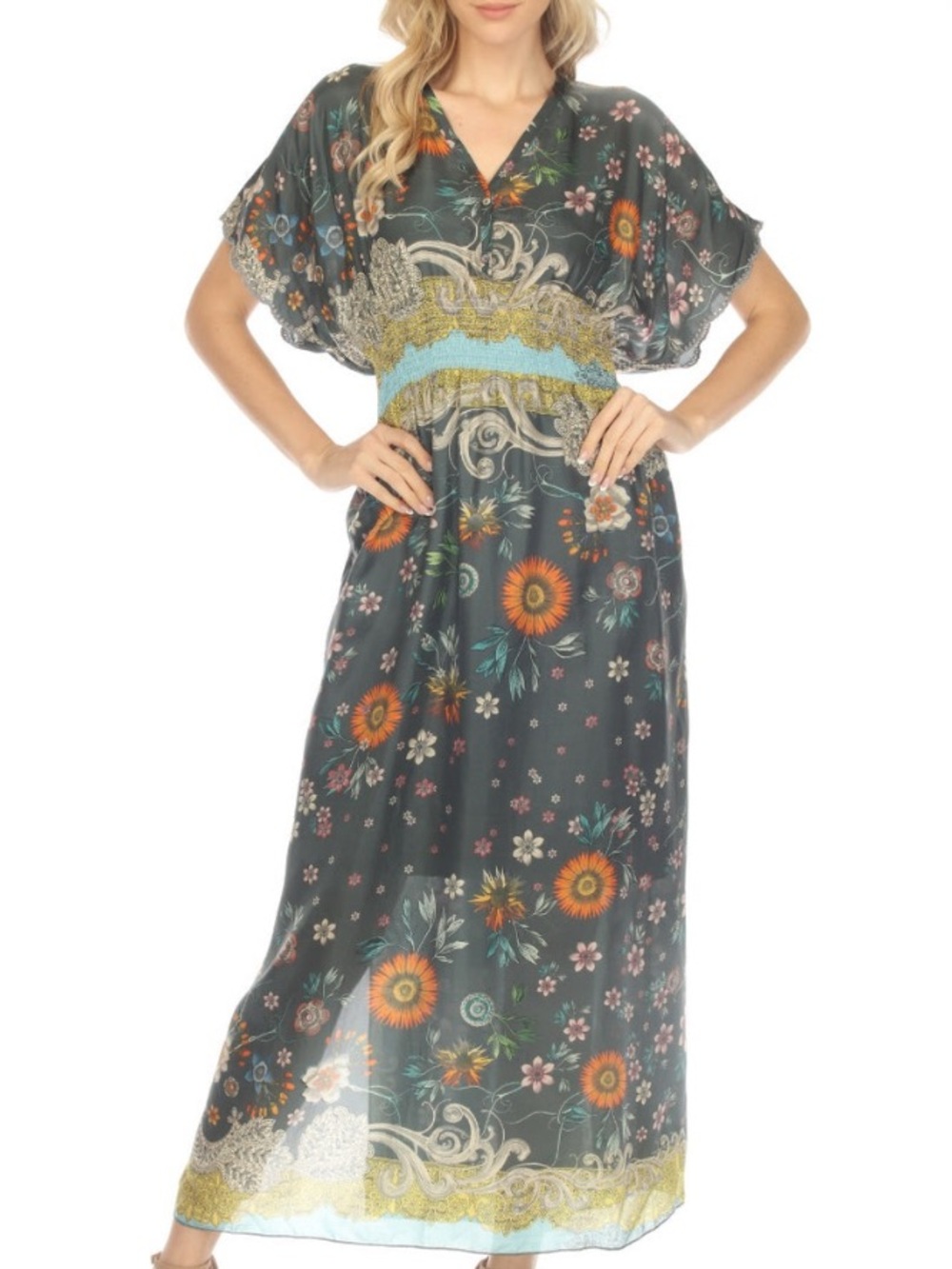Johnny Was silk Baize Boho Floral Maxi Dress in Dark Teal MSRP $410 New Large